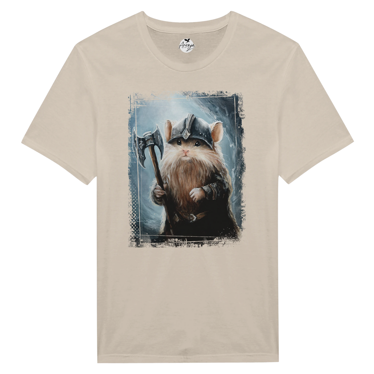 Gimouse T-shirt featuring fantasy art of a warrior mouse in Viking armor holding an axe, set against a mystical blue-grey background with a hand-painted style.