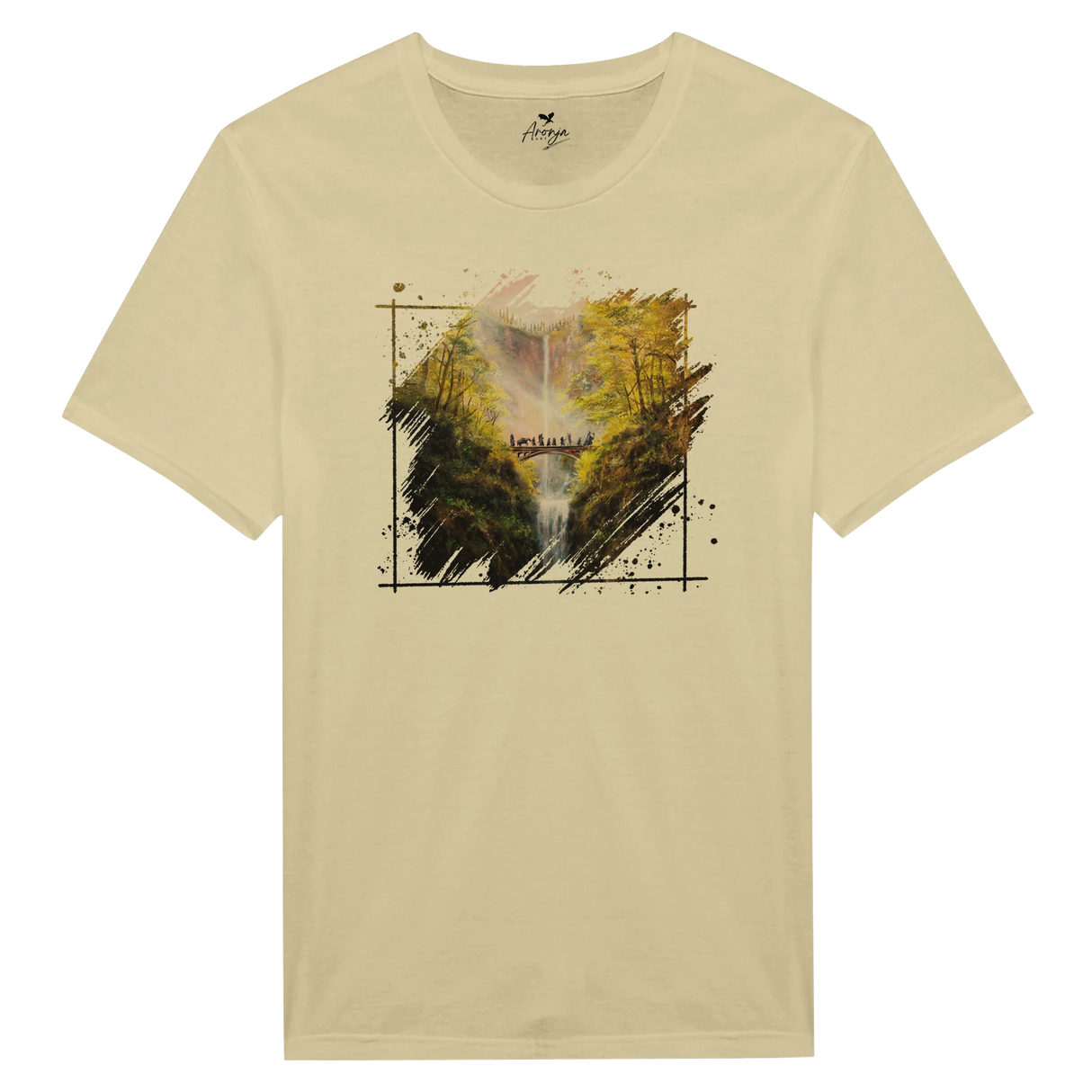 The Bridge T-shirt featuring a hand-painted fantasy art design of a waterfall landscape with a bridge and autumn foliage, blending mythical and nature art styles.