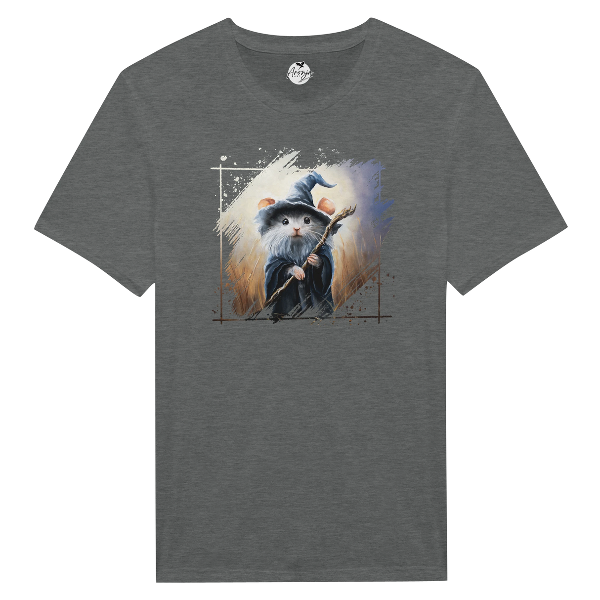 Mousedalf T-shirt featuring fantasy art of a wise mouse dressed as a wizard with a staff, blending mythical and wildlife elements in a hand-painted style on dark gray fabric.