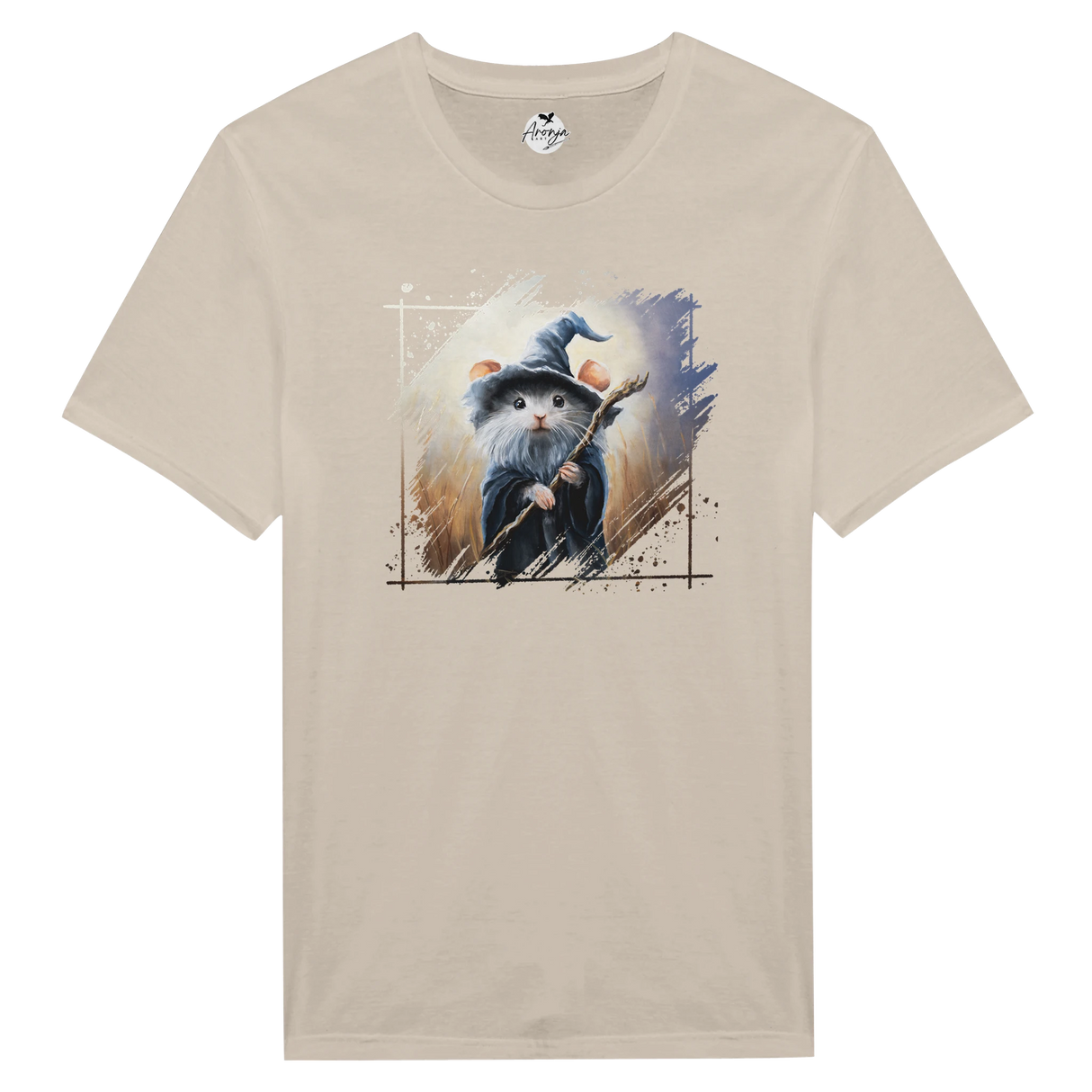 Beige Mousedalf T-shirt featuring fantasy art of a mouse dressed as a wizard with a hat and staff, designed in a hand-painted style with earthy tones.