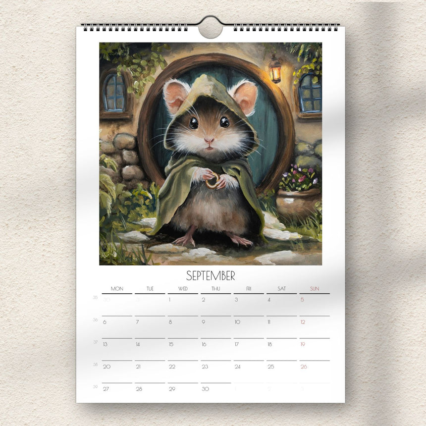 Tiny Adventurers 2027 wall calendar featuring a fantasy mouse illustration and month-at-a-glance pages