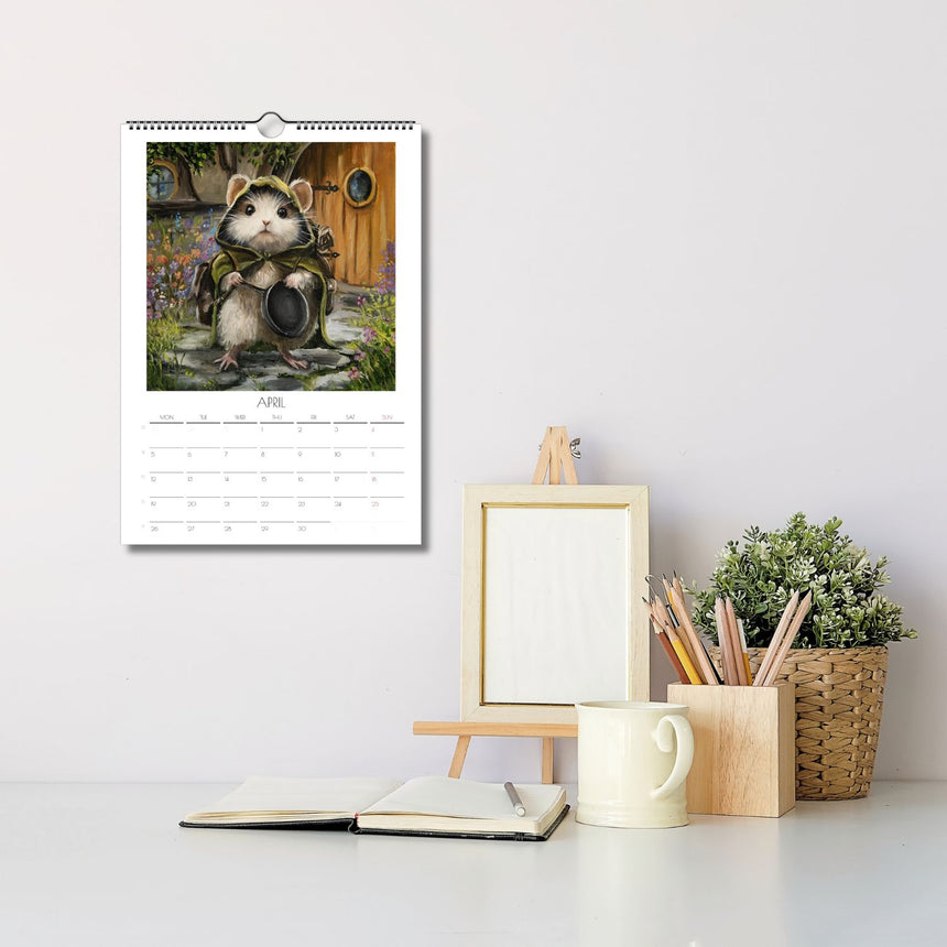 Tiny Adventurers white wall calendar with illustrated animal artwork and month-at-a-glance pages for home planning