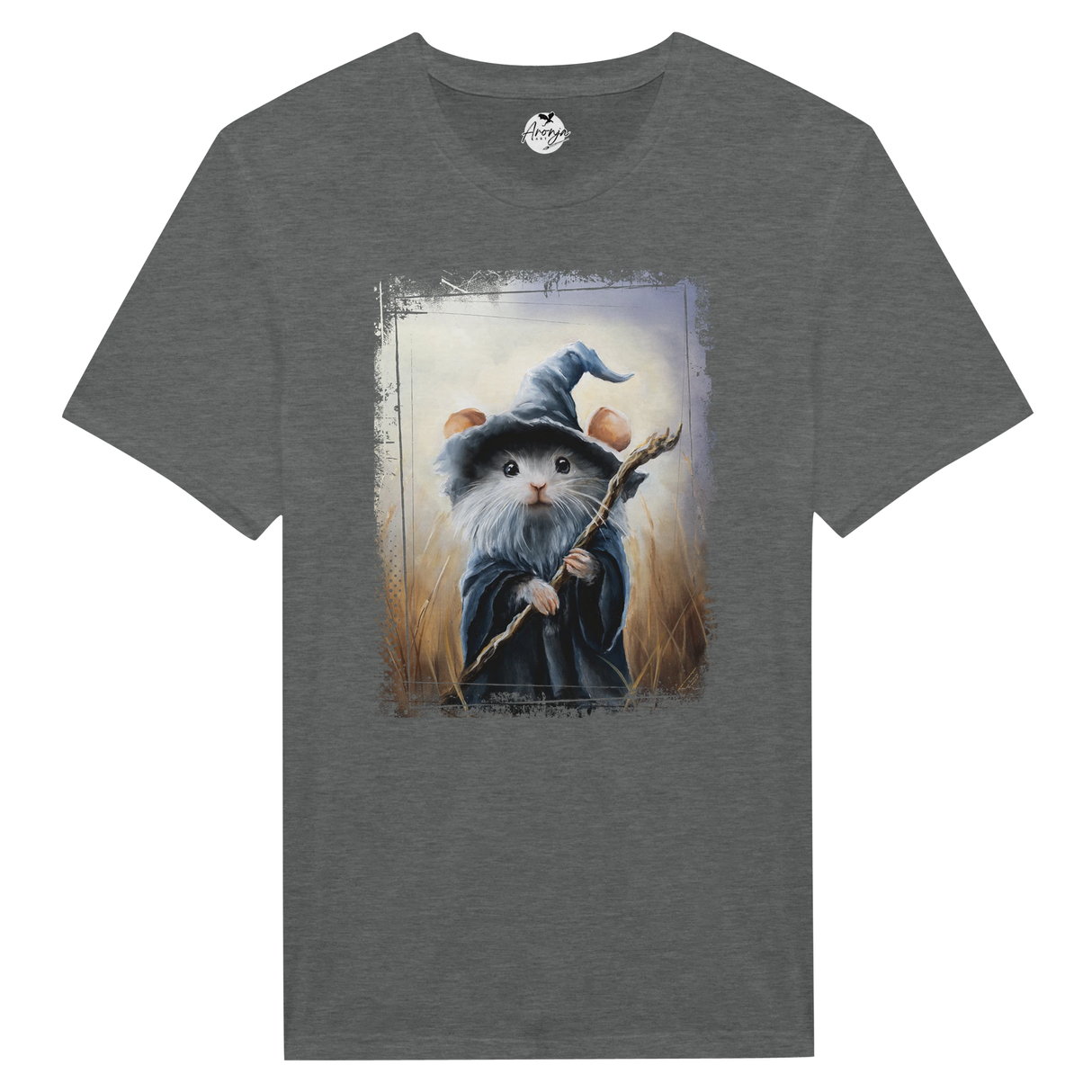 Mousedalf T-shirt featuring a fantasy art design of a mouse wizard with a staff, wearing a pointed hat, set against a natural, mystical background.