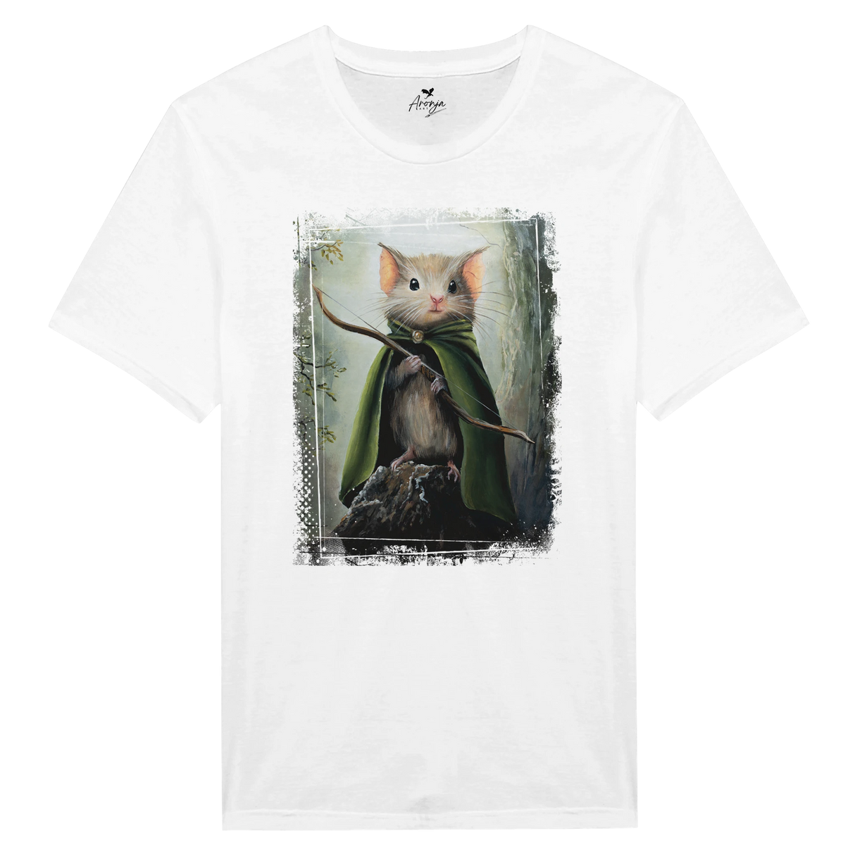Legomouse T-shirt featuring fantasy art of a small mouse dressed as an archer with a green cloak, holding a bow, set against a mystical forest background.