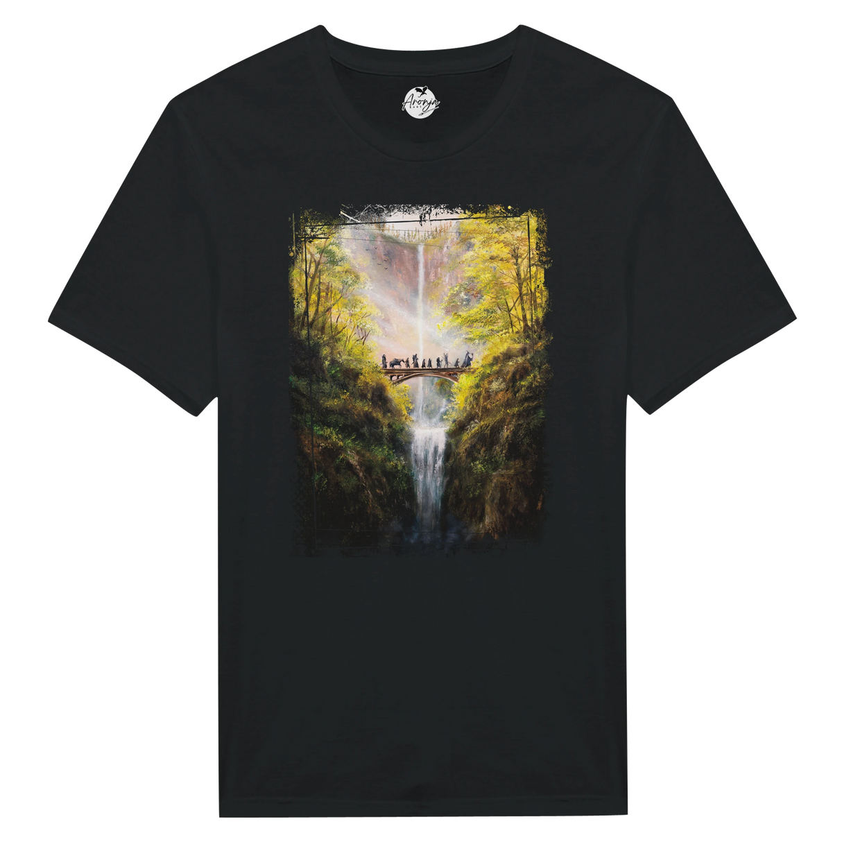 Black The Bridge T-shirt featuring a fantasy art design of a group walking across an arched stone bridge over a waterfall surrounded by lush autumn trees and sunlight.