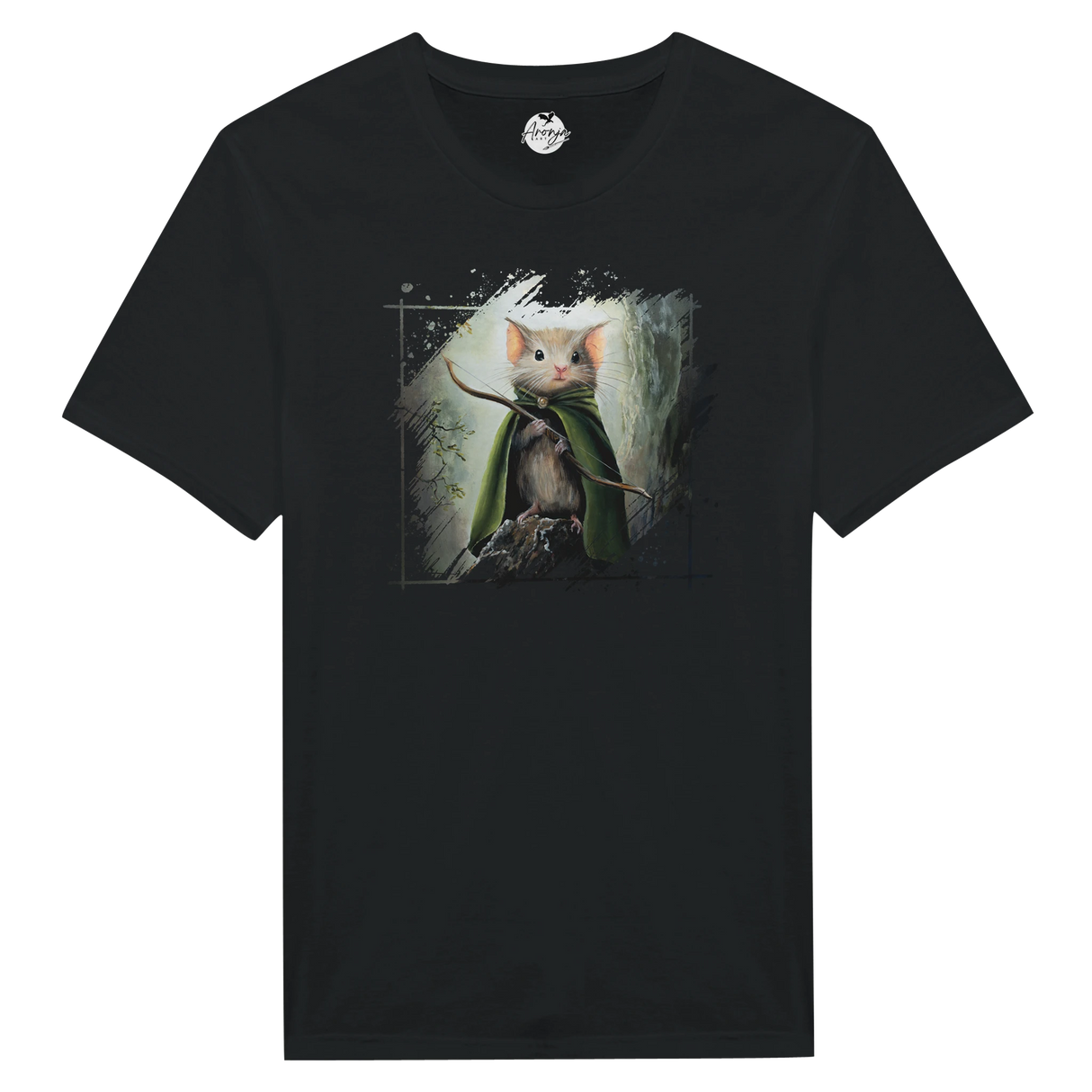 Black Legomouse T-shirt featuring detailed fantasy art of a small mouse with large ears wearing a green cloak and holding a twig, presented in a mystical woodland setting.