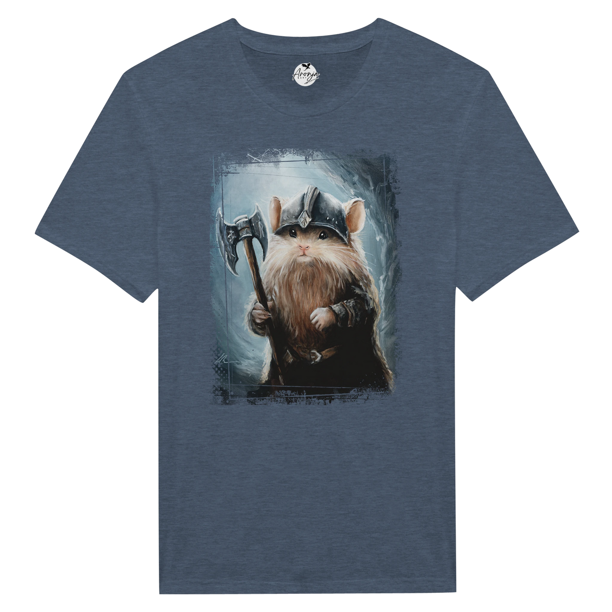 Gimouse T-shirt featuring a detailed fantasy art illustration of a mouse warrior wearing a helmet and holding an axe, inspired by mythical landscapes and wildlife themes.