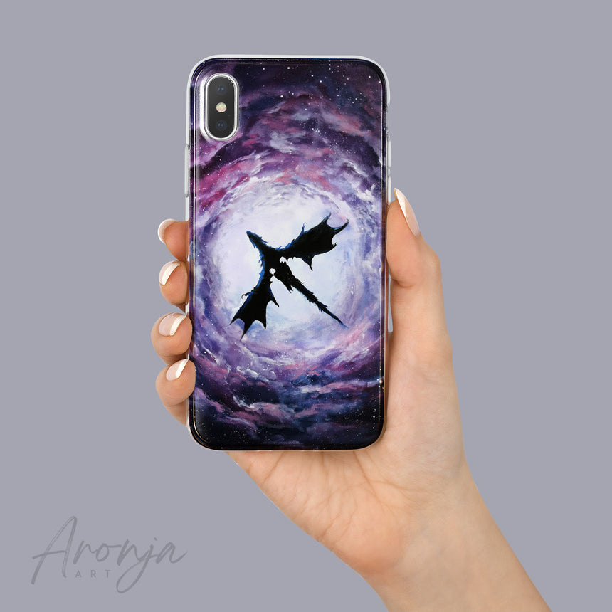 Phone Case - Alduin Aronja-Art gaming inspired phone case purple galaxy nebula with black dragon silhouette