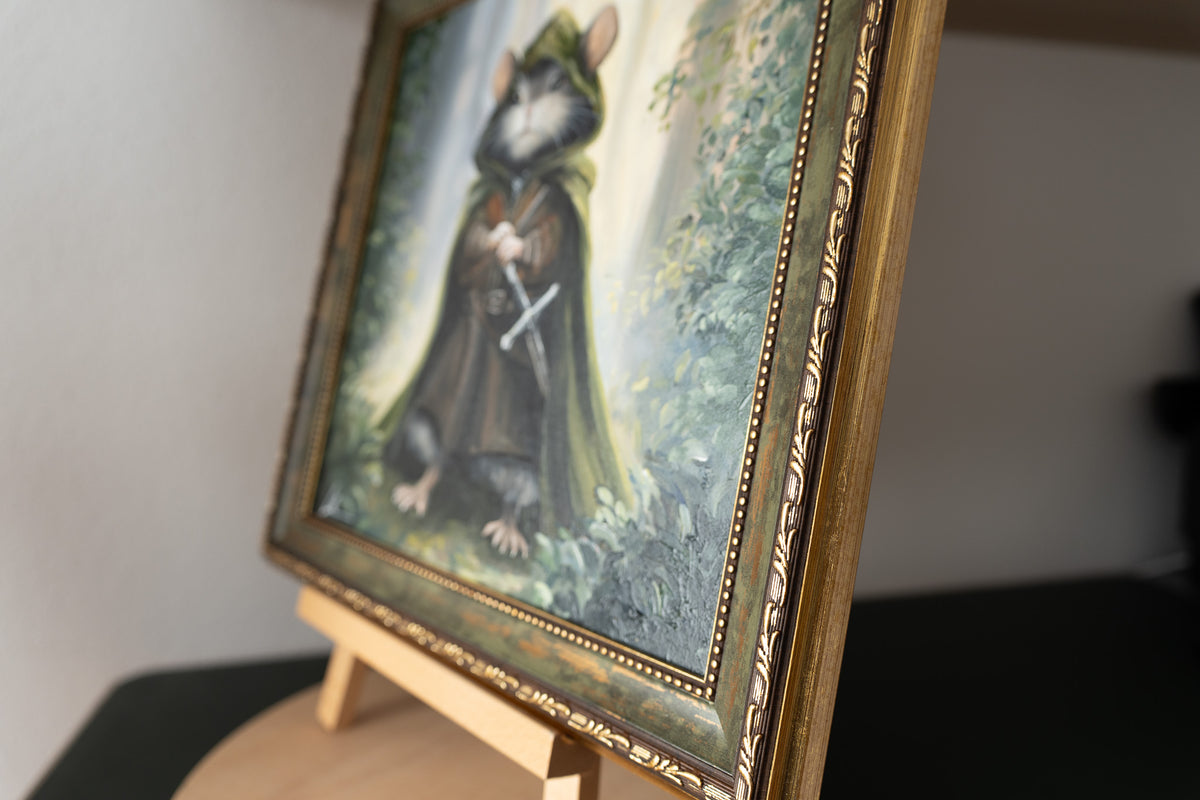 Aramouse original oil painting by Aronja-Art, green and brown fantasy art showing a woodland character on canvas panel