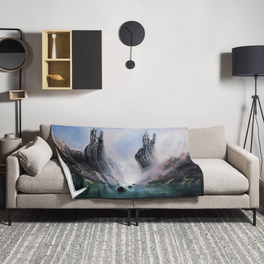 The Pillars Of Kings - Blanket fantasy art blanket in blue and gray on a sofa in soft daylight