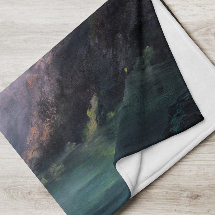 The Pillars Of Kings - Blanket fantasy art blanket with dark blue and green landscape print on wood