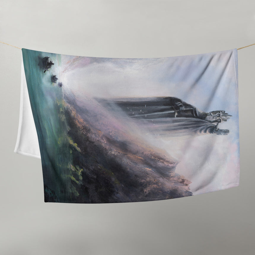 The Pillars Of Kings - Blanket fantasy art scene blanket with grey sky and armored ship on soft fabric