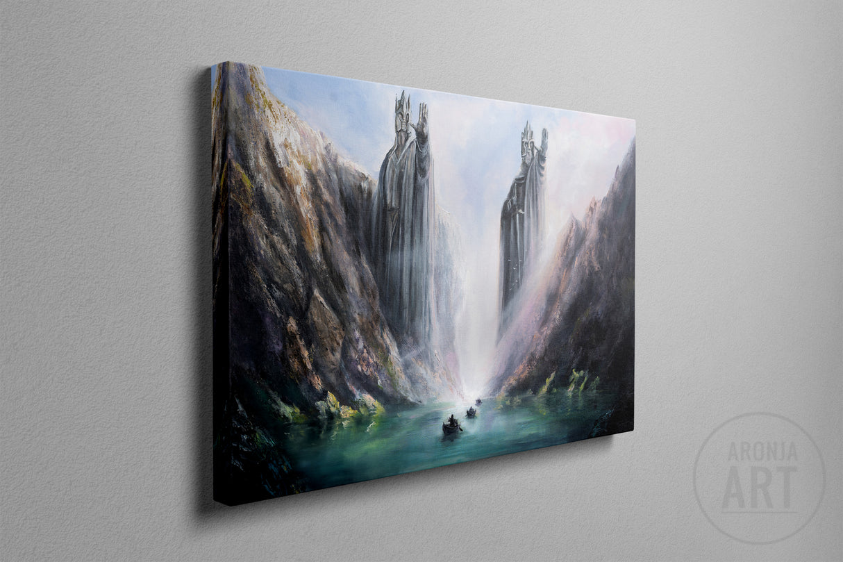Pillars Of Kings - (Print) features a detailed fantasy landscape with towering stone statues overlooking a misty river, evoking mythical and hand-painted artwork style.