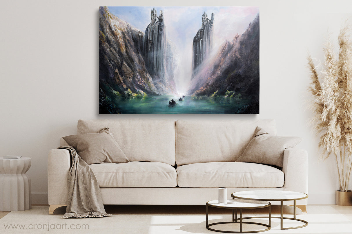 Pillars Of Kings - (Print) depicts a mystical fantasy landscape with towering stone statues overlooking a misty river, blending hand-painted mythic scenery and natural beauty.