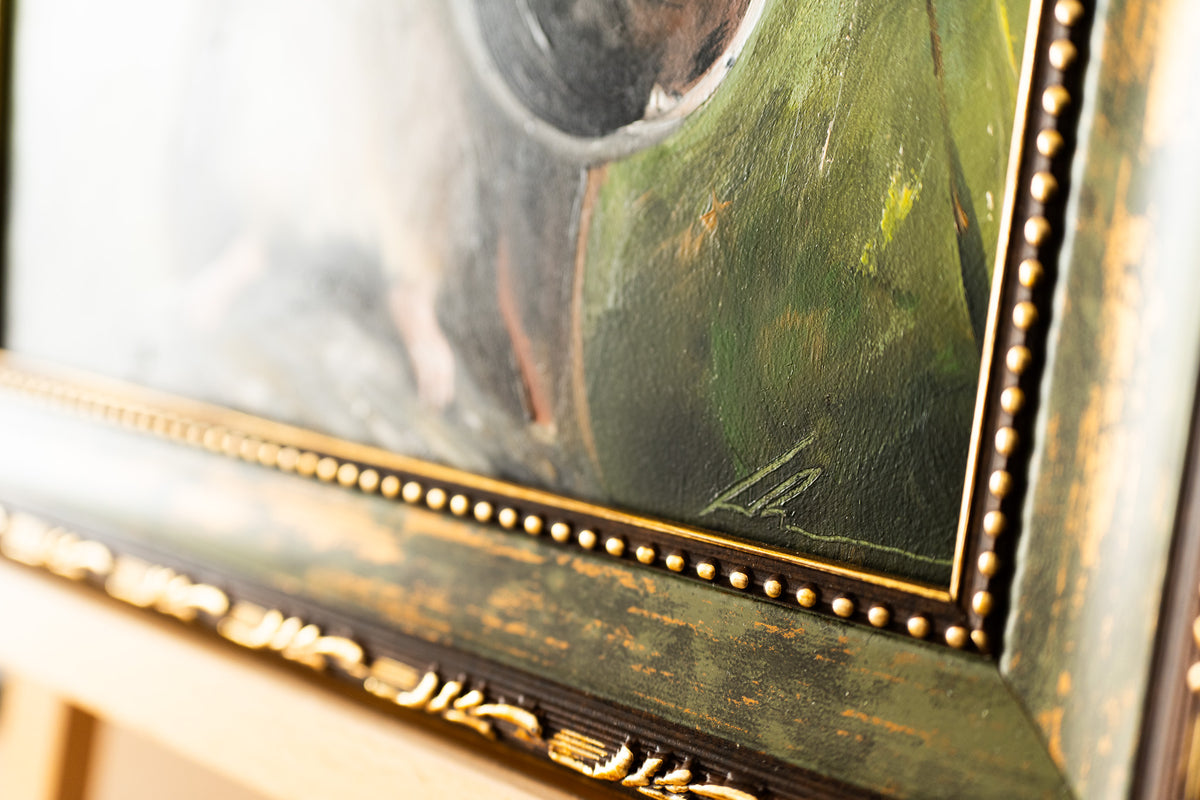 Original framed oil painting with green tones, traditional art depicting a horn and shield on a canvas panel