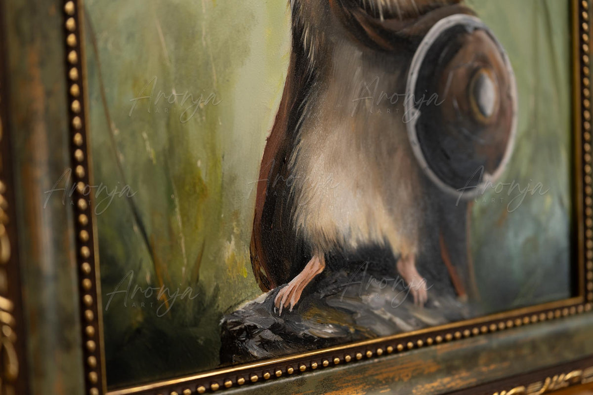 Original oil painting with traditional art showing a brown horned creature and round shield detail