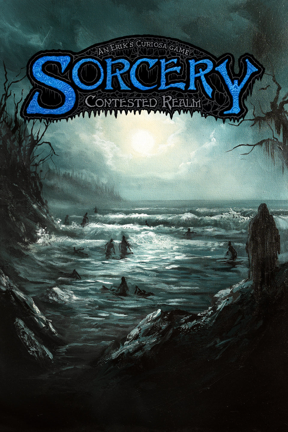 SORCERY Gothic Original Painting "Call Of The Sea" - 60x40cm / Acrylics depicts a hand-painted fantasy seascape with ghostly figures in dark, mystical waters under a glowing moon, embodying traditional fine art inspired by gaming culture and mythical landscapes.