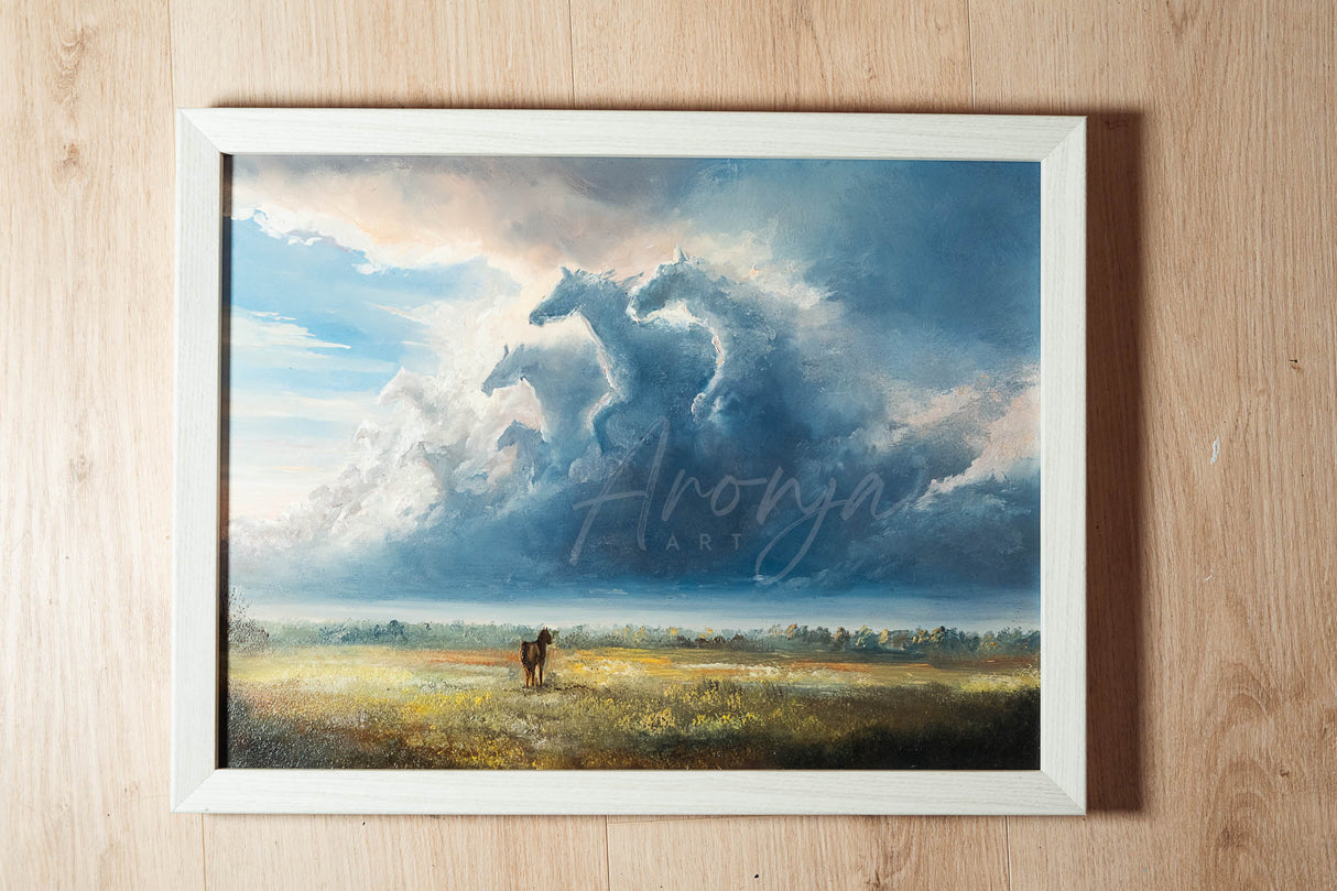 Dreams Of Freedom Original Framed Oilpainting by Aronja-Art, blue oil on gesso panel with mountain scene