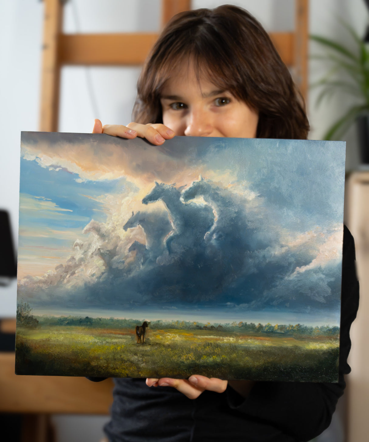Dreams Of Freedom Original Framed Oilpainting Aronja-Art oil on gesso panel with blue sky clouds