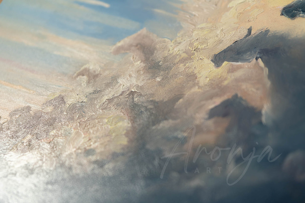 Dreams Of Freedom Original Framed Oilpainting by Aronja-Art, oil on gesso panel with textured beige and blue sky