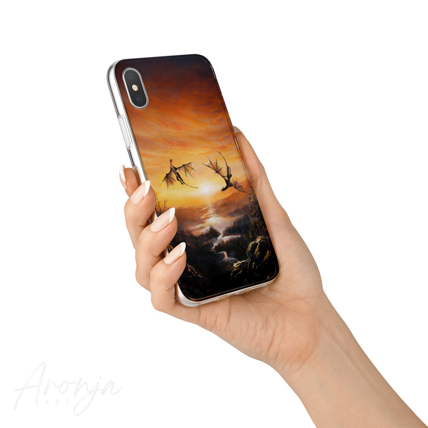 Dance Of Dragons - Phone Case by Aronja-Art phone case in sunset orange with dragon silhouette art.