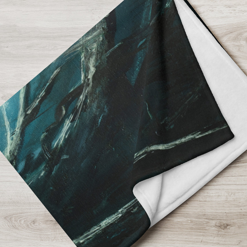 The Glowing Door - Blanket fantasy art dark teal blanket with glowing doorway illustration, laid on light wood