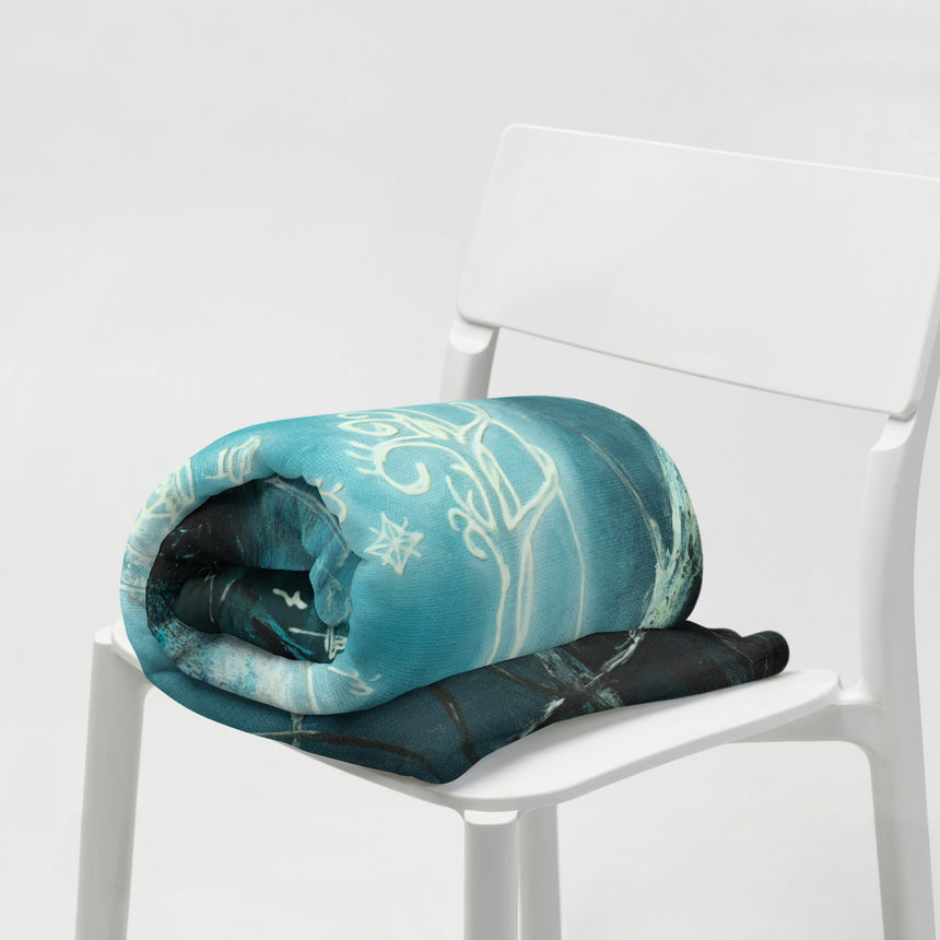 The Glowing Door - Blanket fantasy art print teal blanket on white chair in soft studio light