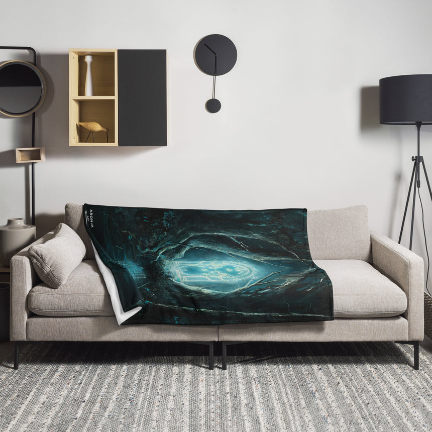The Glowing Door - Blanket fantasy art teal and blue blanket draped on a beige sofa