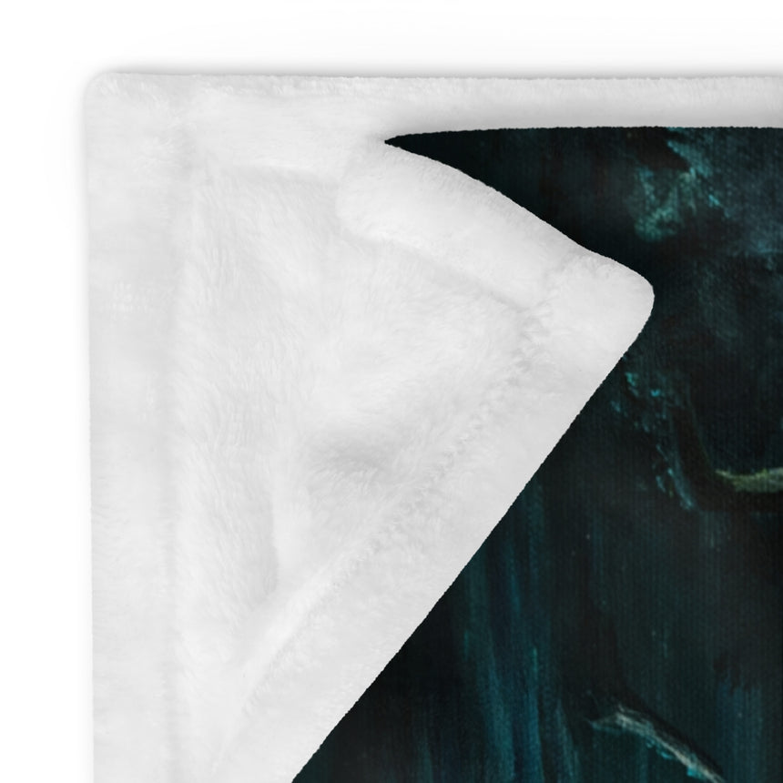 The Glowing Door - Blanket fantasy art in white and dark teal with soft textured fabric edge