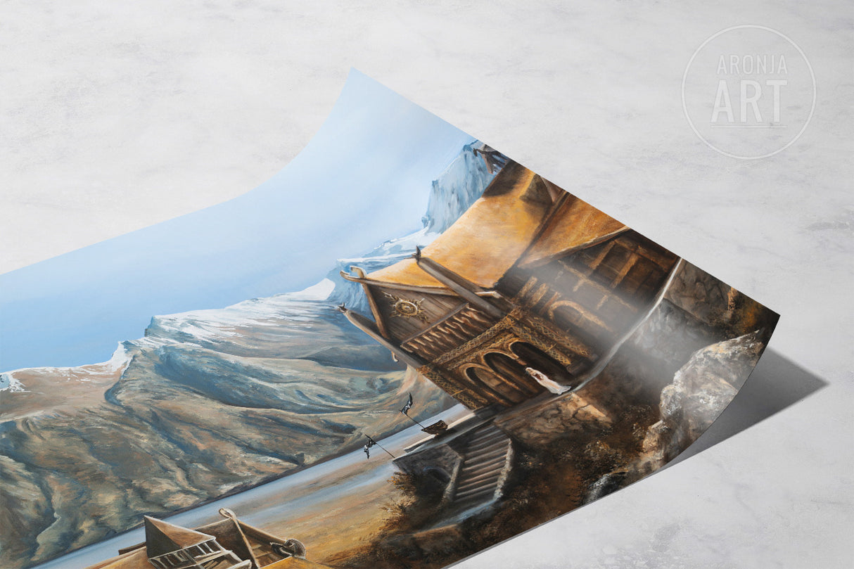 The Golden Hall - (Print) features a hand-painted fantasy landscape of a grand wooden hall set against towering rocky mountains under a clear blue sky, showcasing fine art detail.