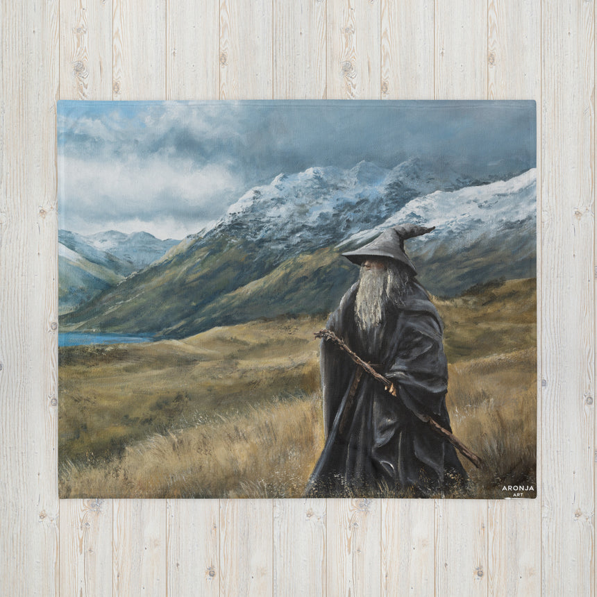 The Grey Wizard - Blanket fantasy art landscape in blue and gray with wizard standing on mountains