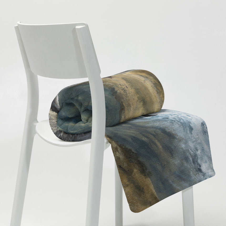 The Grey Wizard - Blanket grey and blue fantasy art throw blanket draped over a white chair