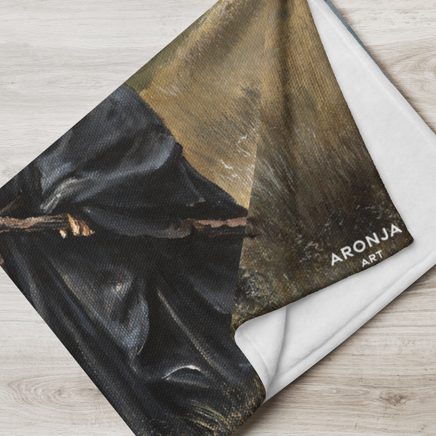 The Grey Wizard - Blanket dark grey and gold fantasy art wizard illustration on textured fabric, folded on light wood