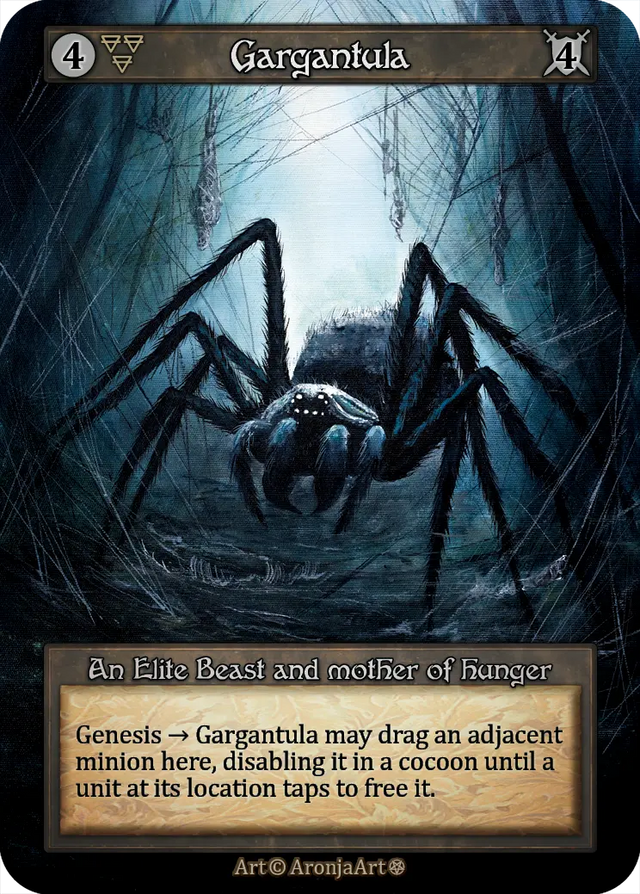 Sorcery TCG Artist Proof "Gargantula" #2/25 features a dark fantasy creature with a large spider in a web-filled lair, showcasing fantasy and gaming art inspired by Sorcery TCG and nature.