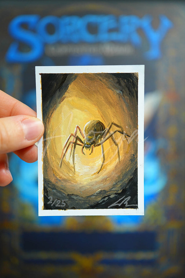 Hand-painted fantasy art of a giant spider in a glowing cave, showcasing Sorcery TCG Artist Proof "Gargantula" #2/25, inspired by gaming art and nature.