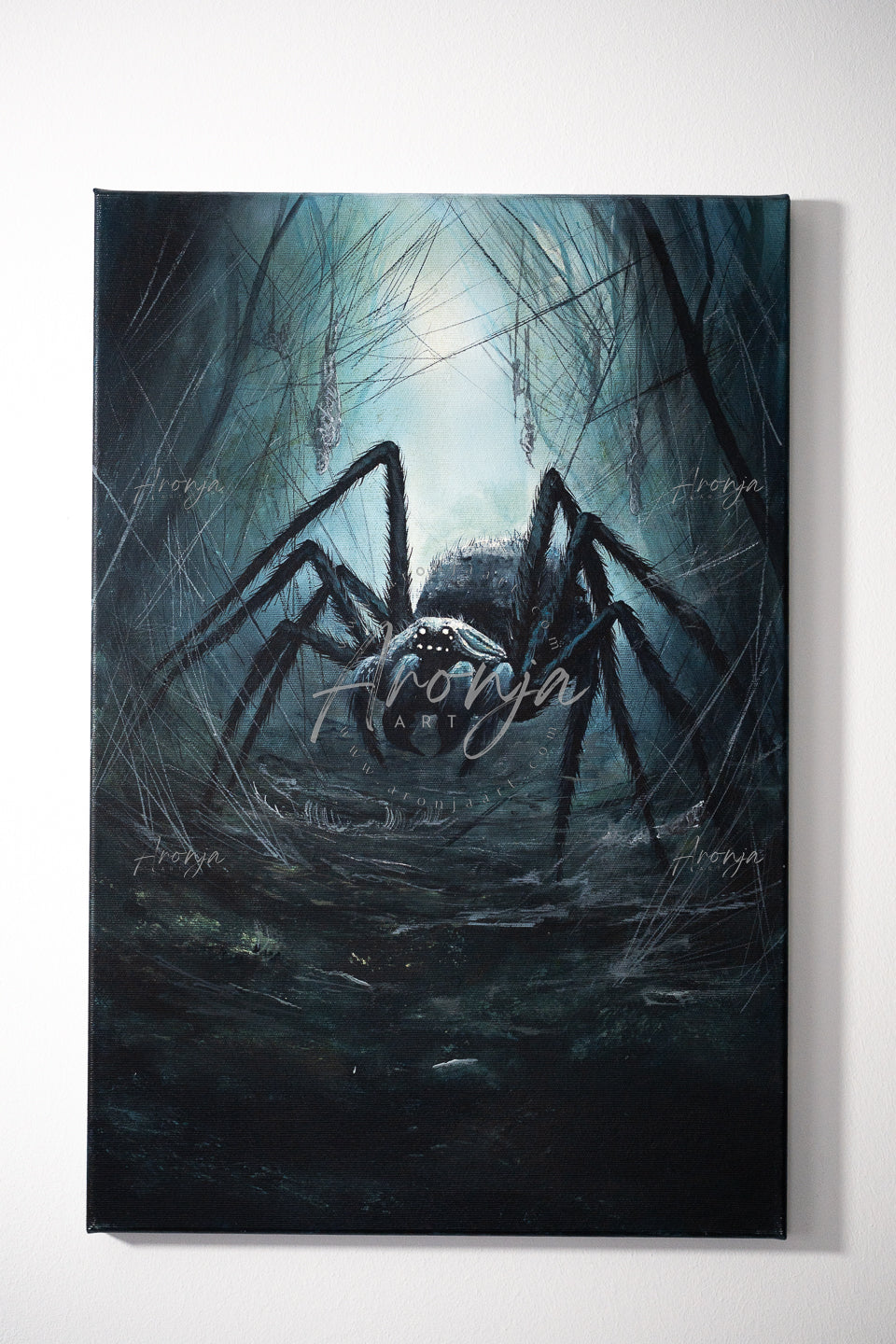 SORCERY Gothic Original Painting "Giant Spider" - 60x40cm / Acrylics depicts a hand-painted fantasy creature in a dark, eerie forest setting, featuring intricate web details inspired by gaming art and traditional fine art techniques. Fantasy Landscapes, Dragons, Creatures and gaming art.