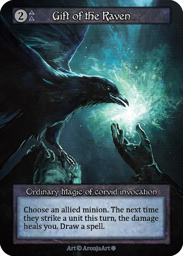 Sorcery TCG Artist Proof "Gift Of The Raven" #2/25 features hand-painted fantasy art of a raven offering a glowing magical gift to a silhouetted hand, inspired by traditional and gaming art styles.