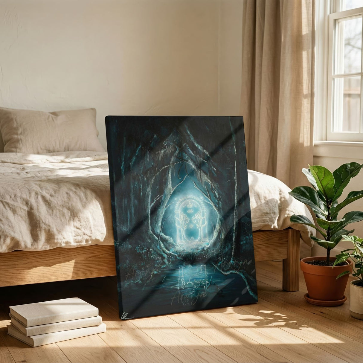 The Glowing Door - (Print) Aronja-Art art print dark teal canvas, fantasy art glow doorway.