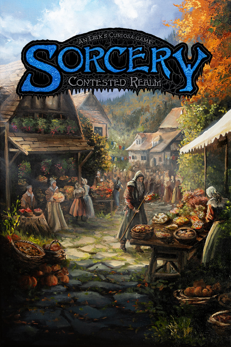 SORCERY Gothic Original Painting "Harvest Festival" - 60x40cm / Acrylics depicts a detailed medieval village market scene with villagers and autumn foliage, hand-painted by a fantasy artist, blending traditional and gaming art inspired by Sorcery TCG and nature.