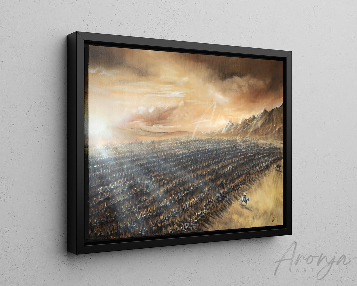 The Battle's Call - (Print) framed art print with warm gold highlights and dusk sky over hills