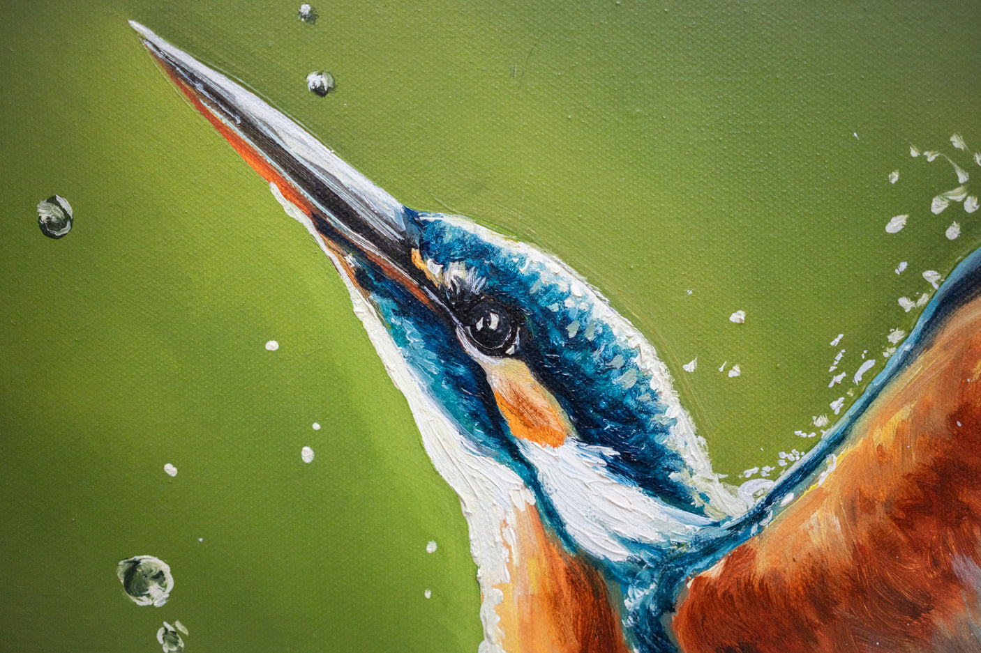 Close-up of a vibrant hand-painted kingfisher in an original oil painting titled Wings Of Water - Original Oil Painting, showcasing detailed wildlife art with fantasy artist style.