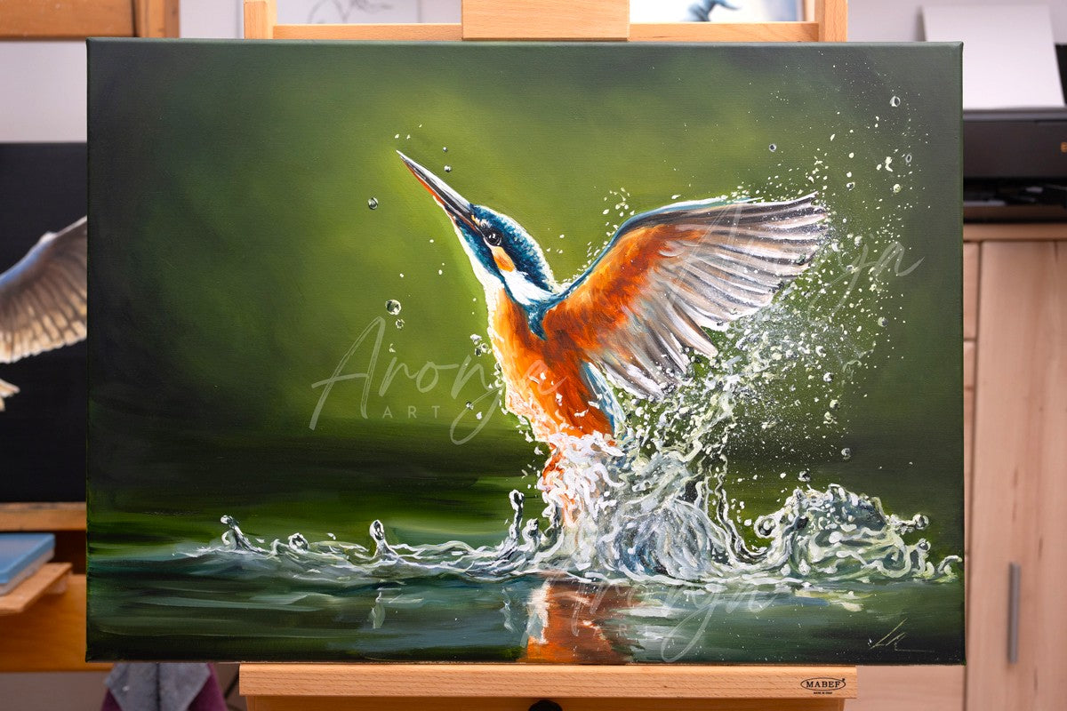 Wings Of Water - Original Oil Painting depicts a vibrant kingfisher emerging from water with splashing droplets, showcasing hand-painted traditional fine art by a fantasy artist.