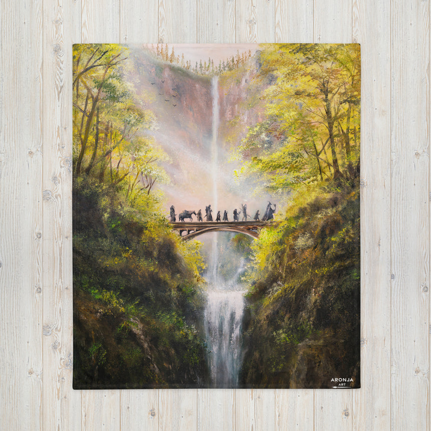 The Bridge - Blanket blanket with fantasy art over misty forest bridge scene, colorful print