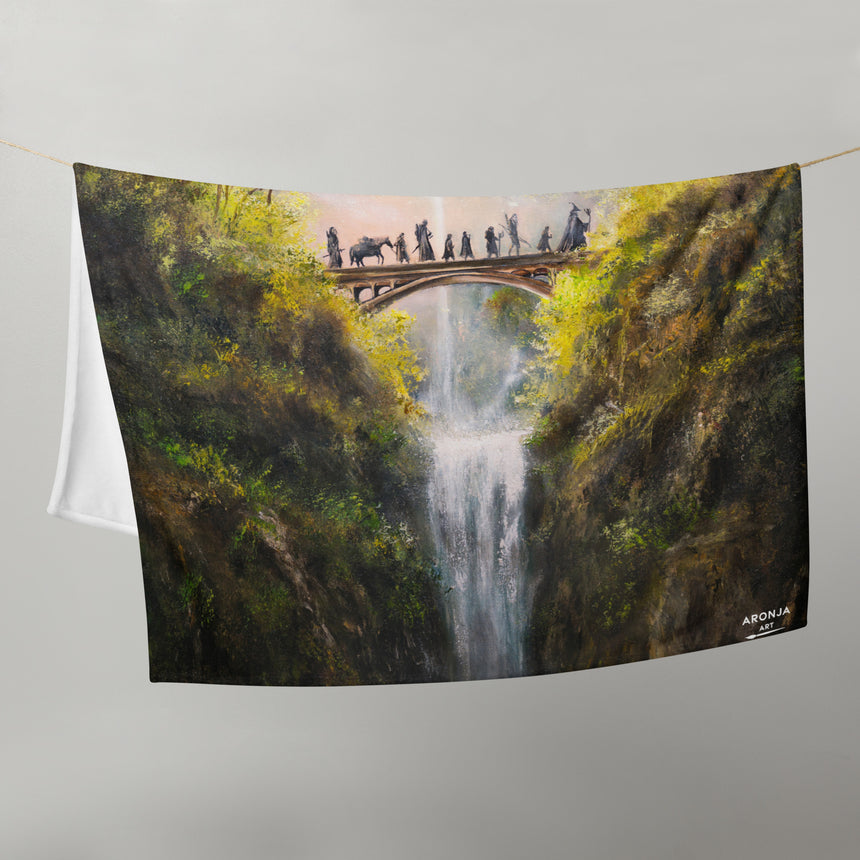 The Bridge - Blanket fantasy art design blanket with arched bridge, green and yellow landscape, waterfall light