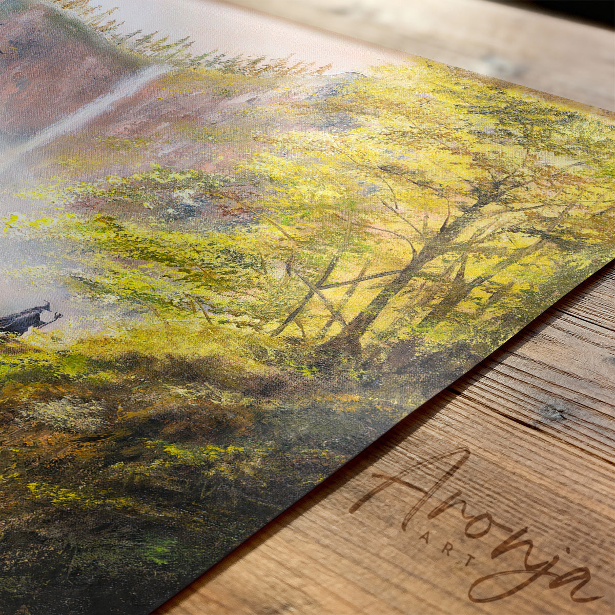 Crossing The Bridge - (Print) by Aronja-Art art print on textured fine art paper in yellow and gray.