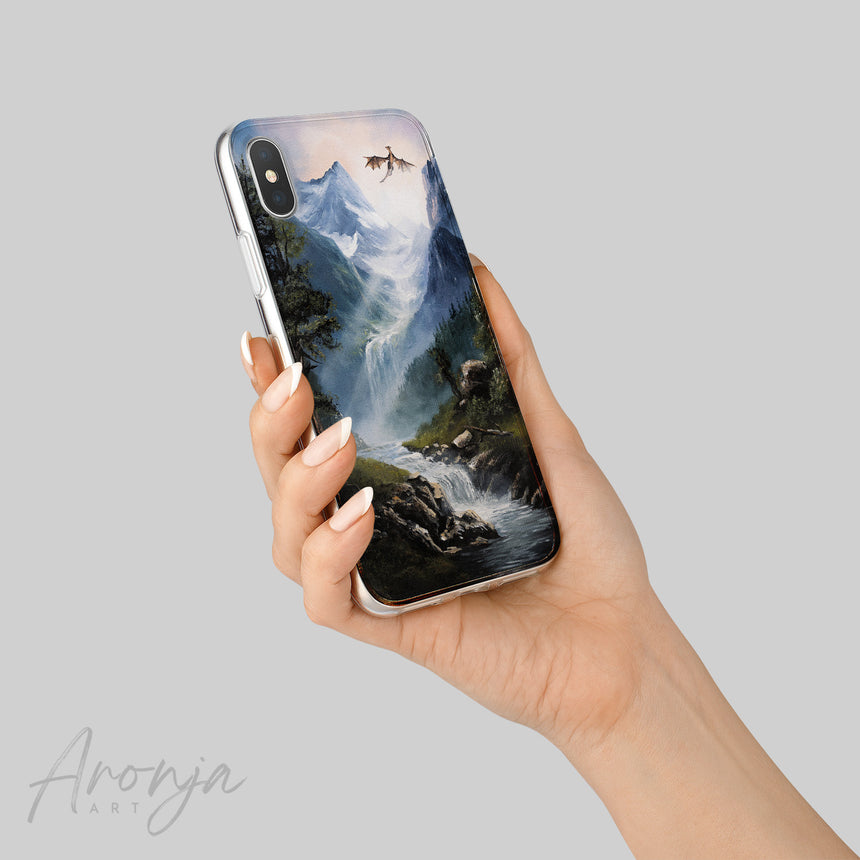 Mountain Stream - Phone Case by Aronja-Art, clear blue landscape phone case with misty mountain stream scene