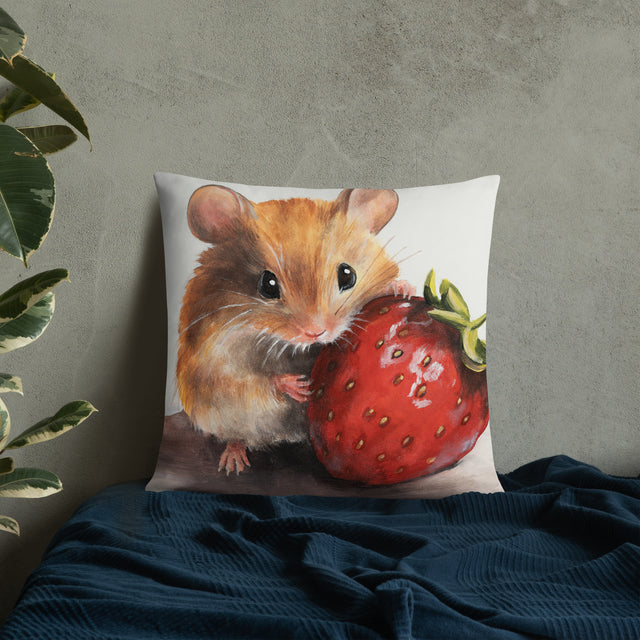 Mouseberry - Pillow featuring a hand-painted fantasy art design of a cute brown mouse holding a large red strawberry, displayed against a neutral background with a cozy fabric setting.