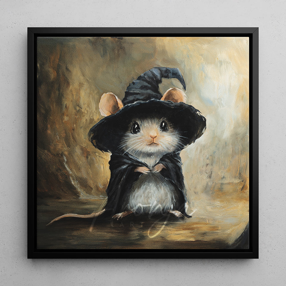Mousewizard - (Square Print) features a hand-painted fantasy art of a cute mouse dressed as a wizard wearing a pointed hat and cloak, inspired by traditional fantasy and gaming art.