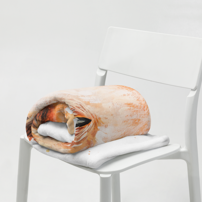 Autumn Owl - Blanket with fantasy art owl design, wrapped on a white chair in soft light
