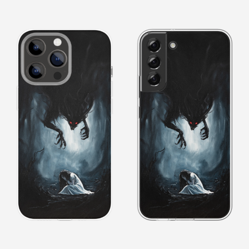 Phone Case - Depression featuring dark fantasy art of a crouched figure in white beneath a looming shadowy creature with glowing red eyes, evoking intense emotion and struggle.
